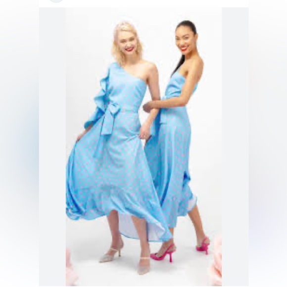 One-Shoulder Blue and Pink Long Polka Dot Dress - Picture 2 of 5